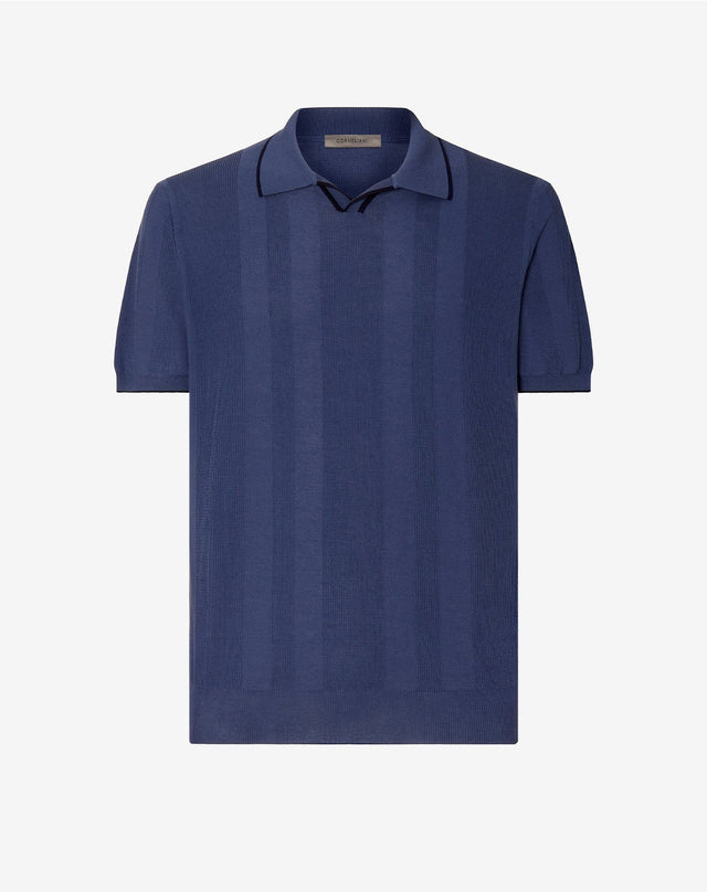 Polo senza bottoni blu chiaro in crepe di cotone
