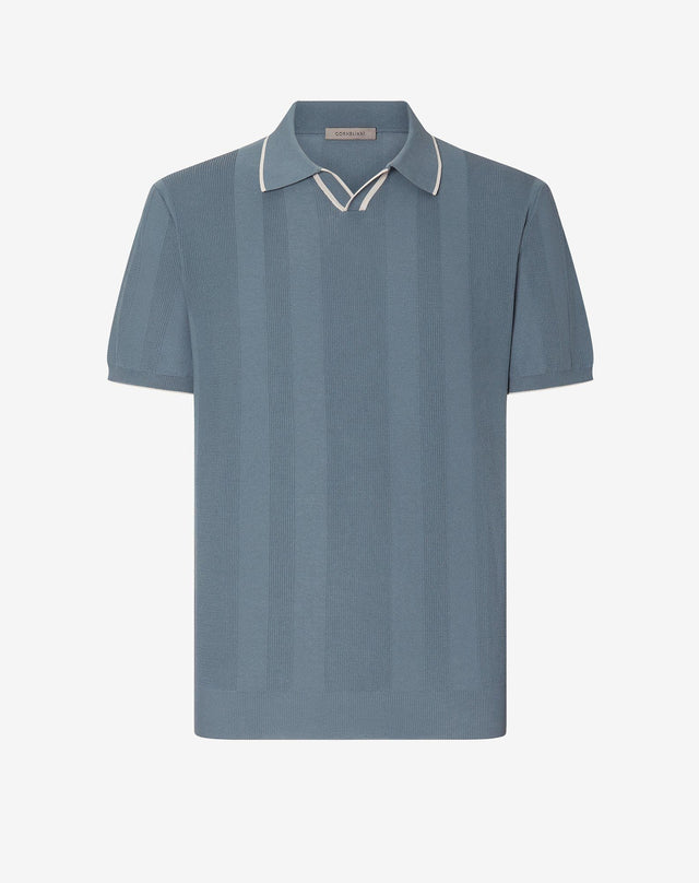 Polo senza bottoni azzurro in crepe di cotone