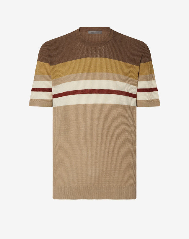 T-shirt marrone rigata in seta e lino