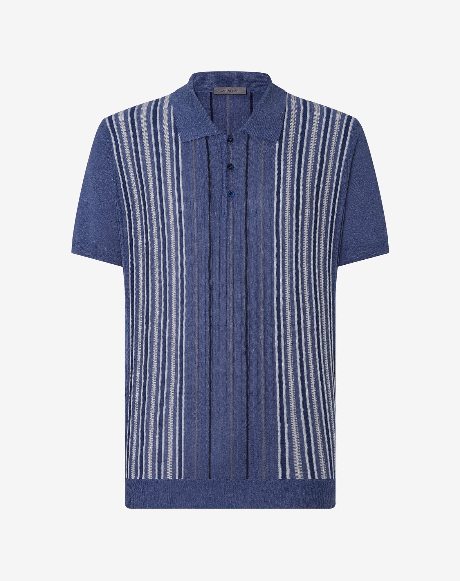 Polo con bottoni blu a righe in seta e lino