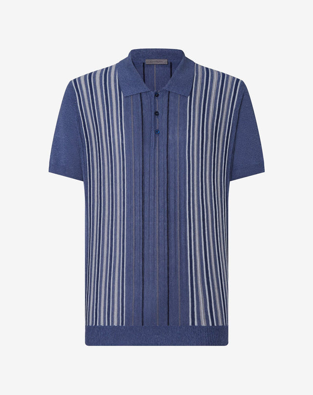 Polo con bottoni blu a righe in seta e lino
