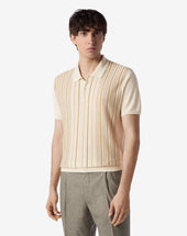 Polo Con Bottoni Beige A Righe In Seta E Lino