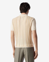 Polo Con Bottoni Beige A Righe In Seta E Lino