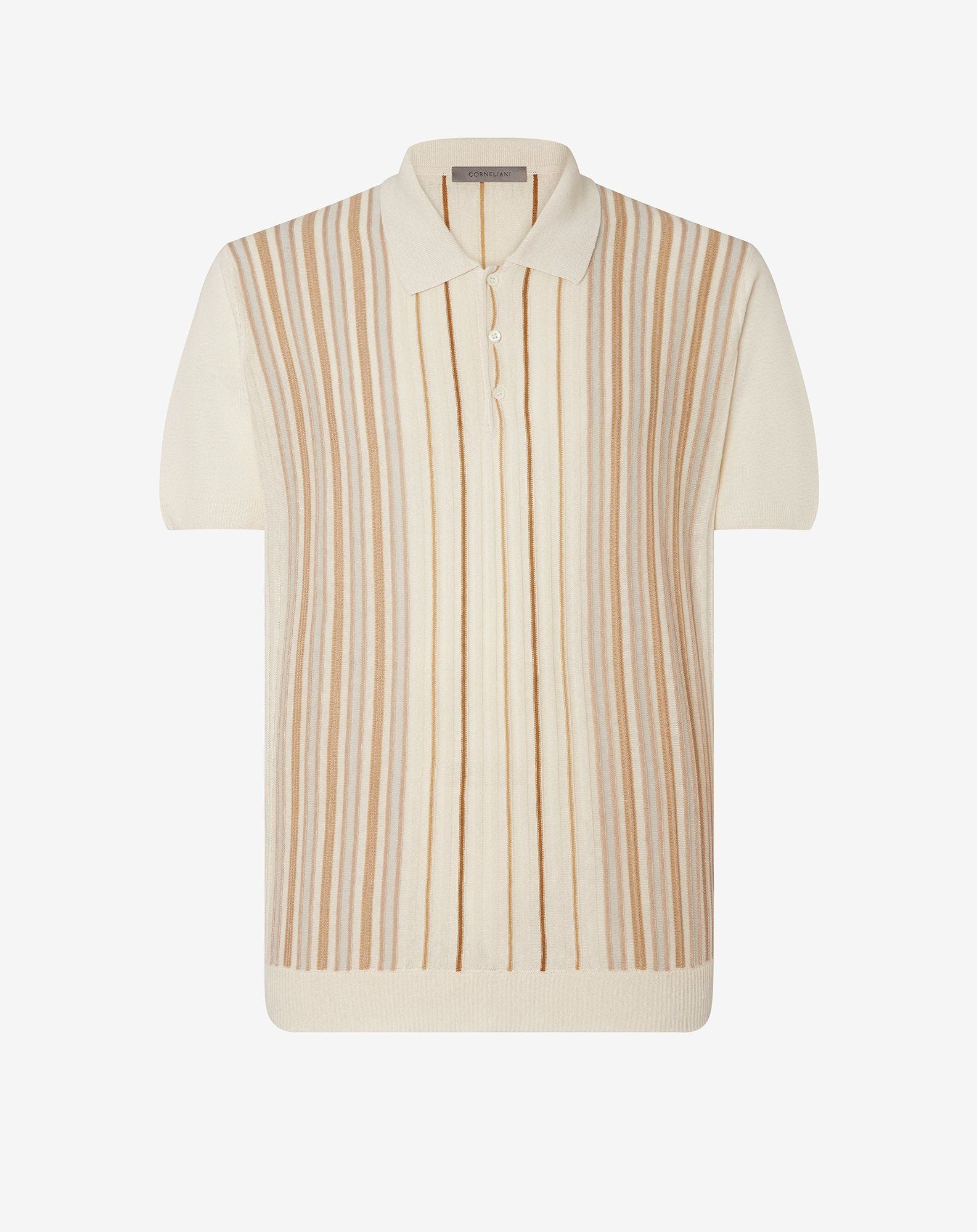 Polo Con Bottoni Beige A Righe In Seta E Lino