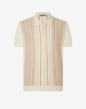 Polo Con Bottoni Beige A Righe In Seta E Lino
