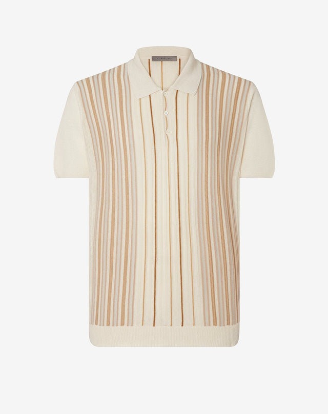 Polo con bottoni beige a righe in seta e lino