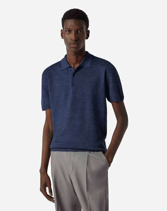 Polo con bottoni blu denim in lino e seta