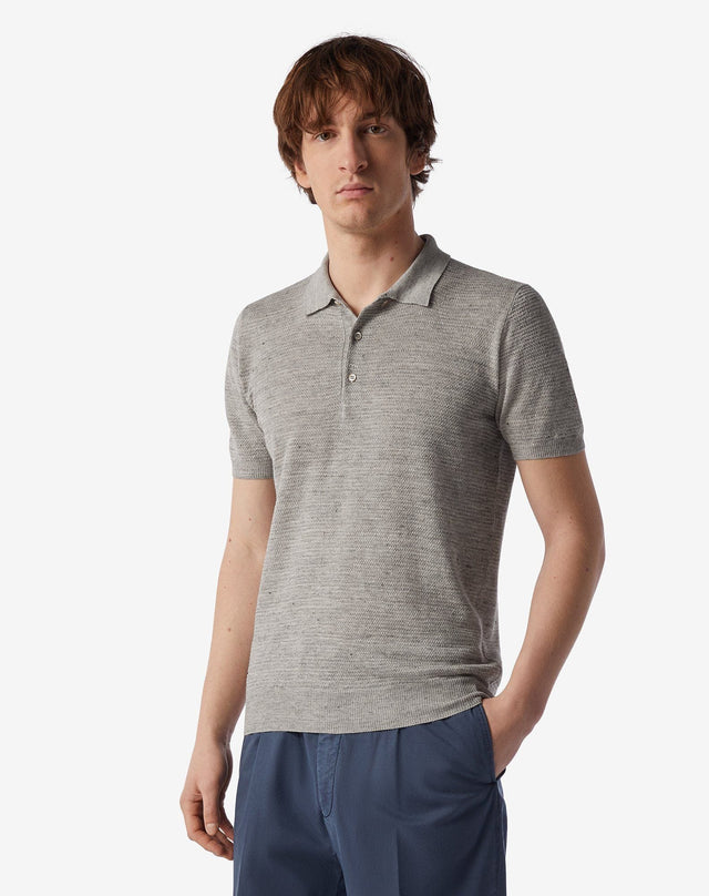 Polo con bottoni grigio melange in lino e seta