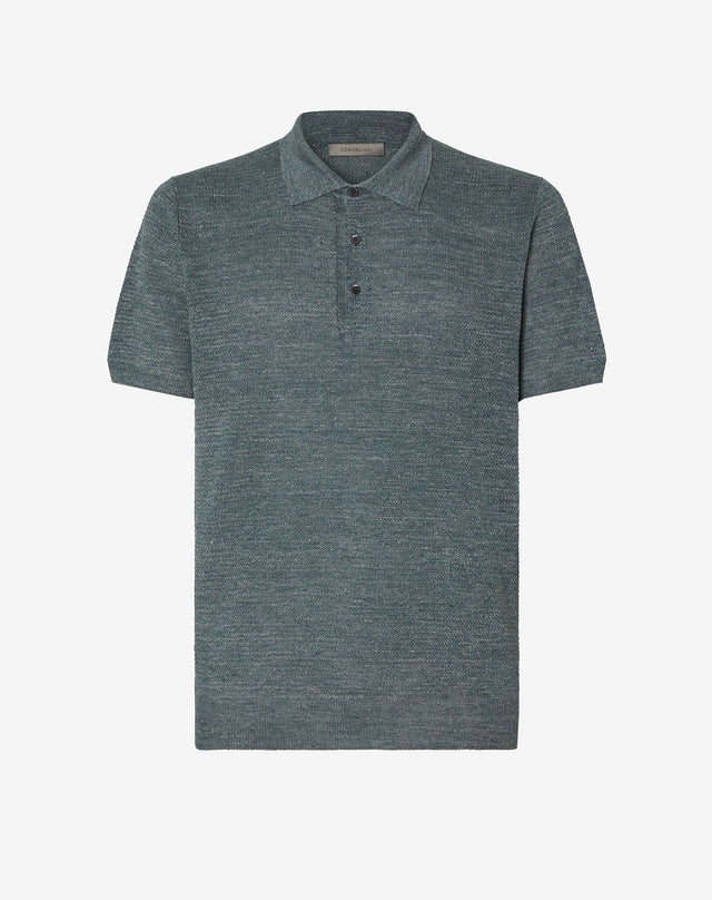 Polo con bottoni verde in lino e seta