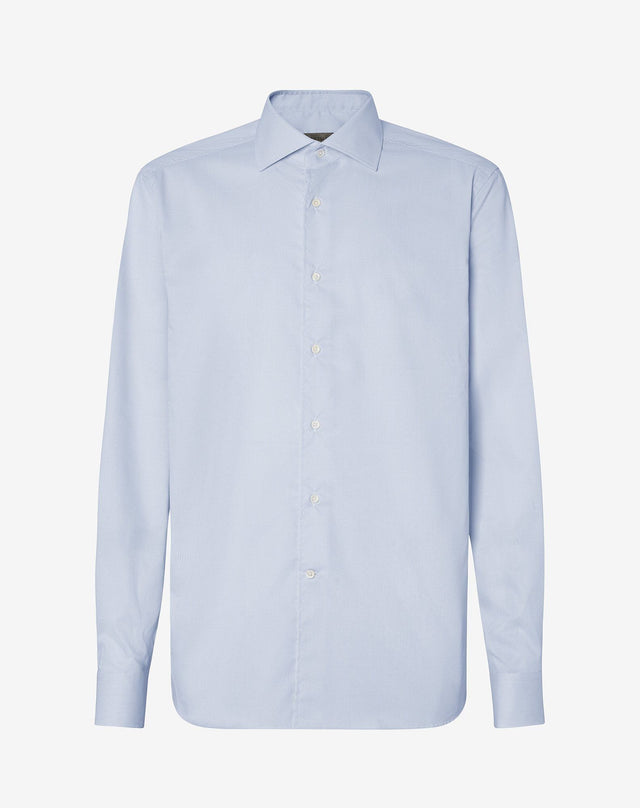 Shirt bianca microriga azzurra in cotone antipiega