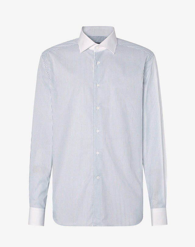 Shirt bianca a righe azzurre in cotone antipiega