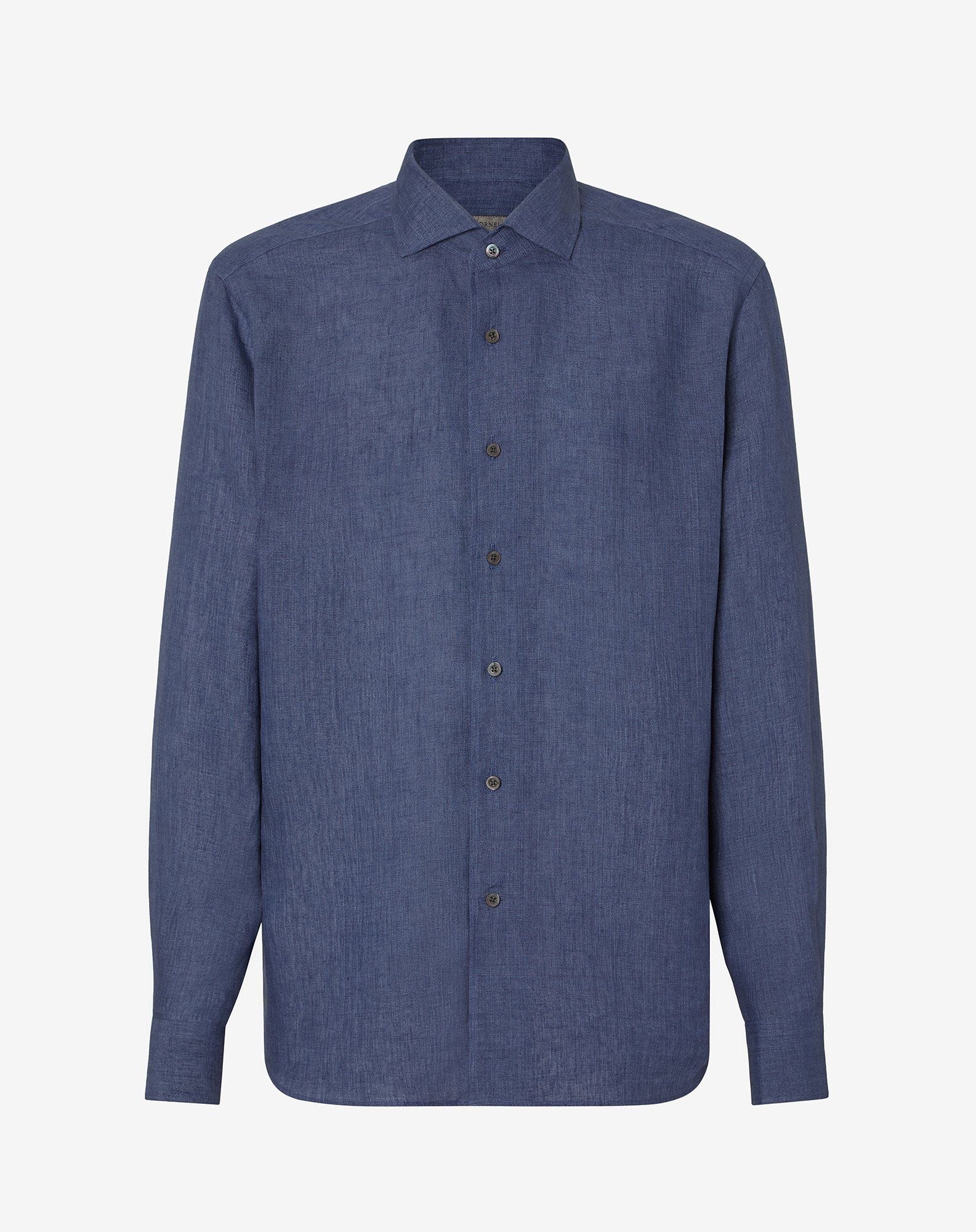 Shirt blu denim in puro lino delavè