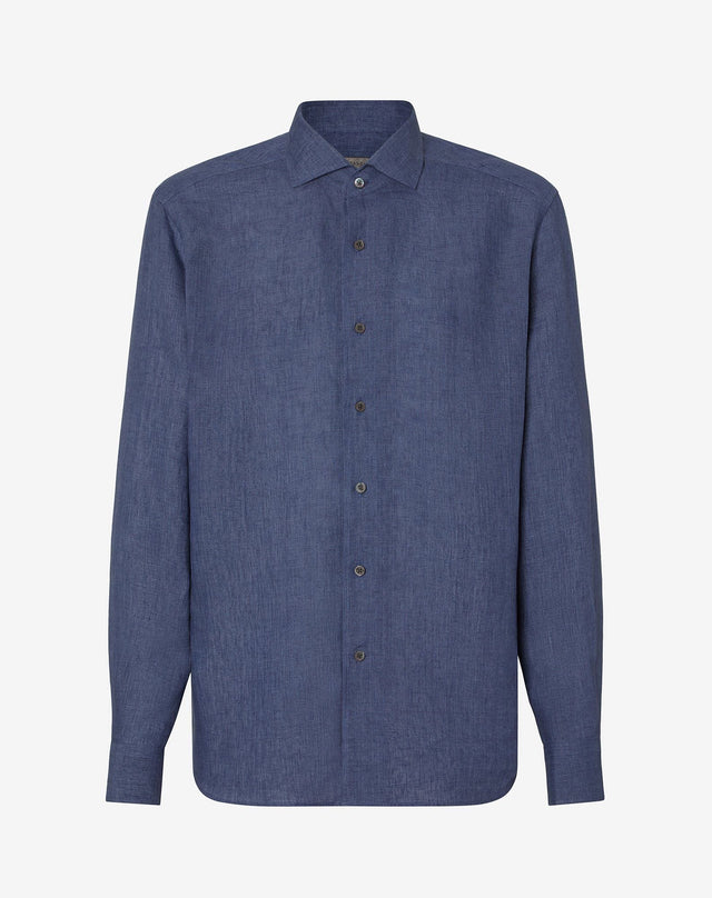Shirt blu denim in puro lino delavè