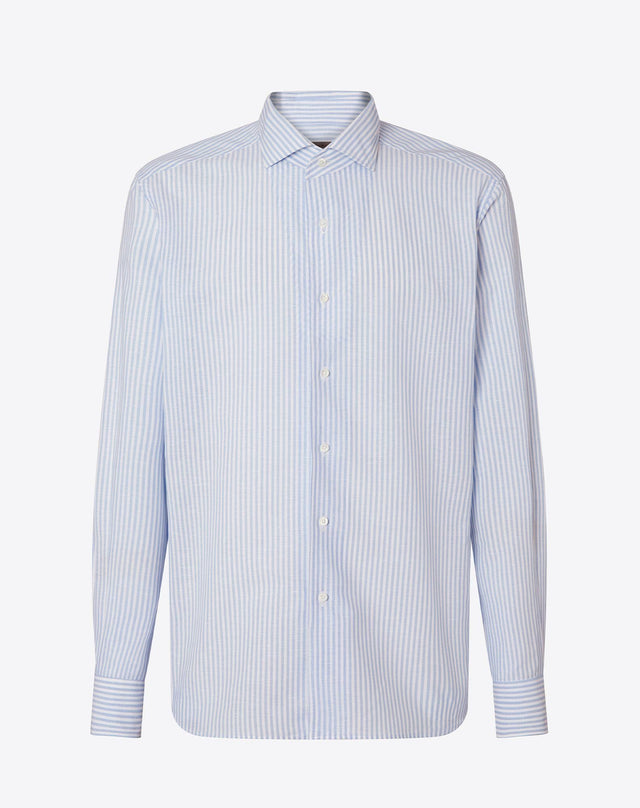 Shirt blu a righe in cotone e lino