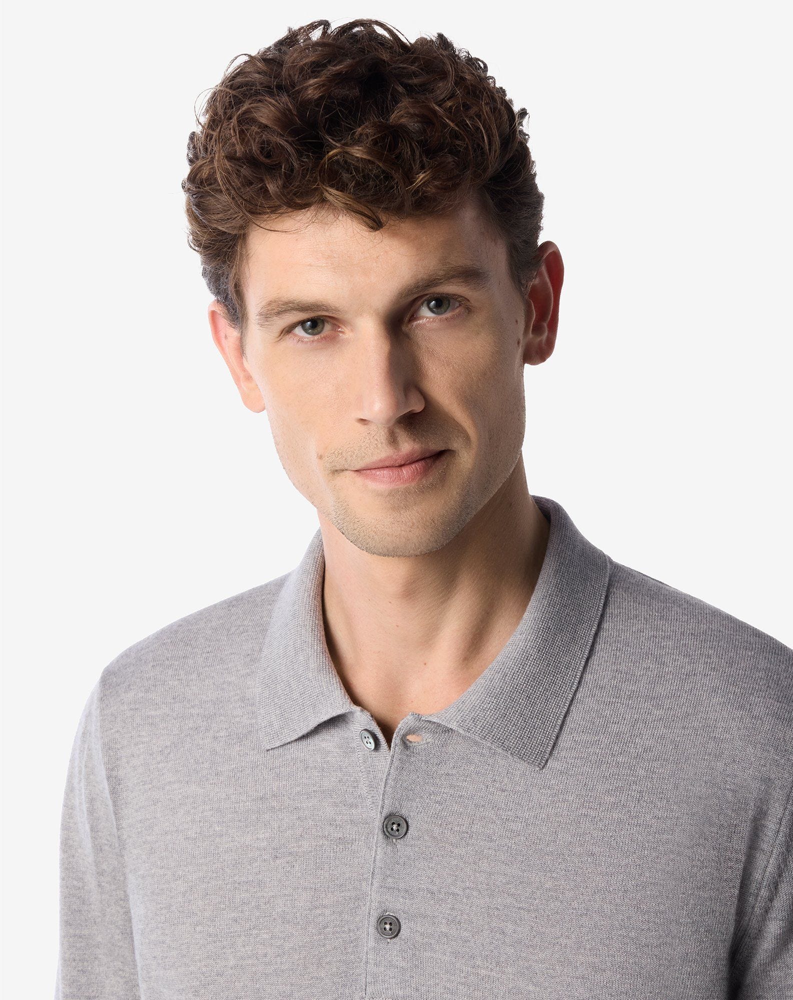 Polo con bottoni grigio chiaro melange in lana merino extrafine