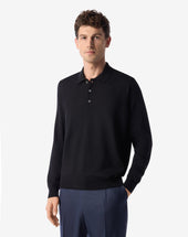 Polo Con Bottoni Nera In Lana Merino Extrafine