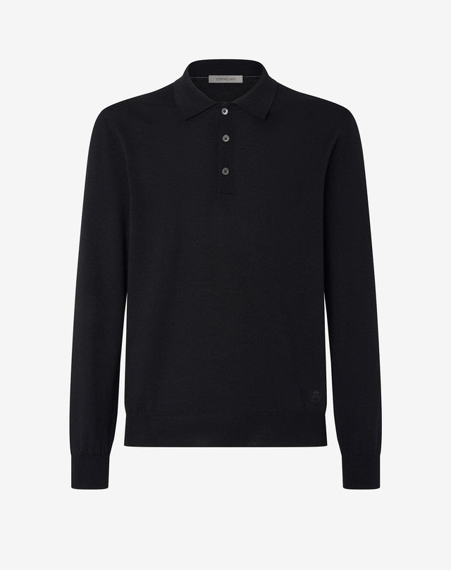 Polo Con Bottoni Nera In Lana Merino Extrafine