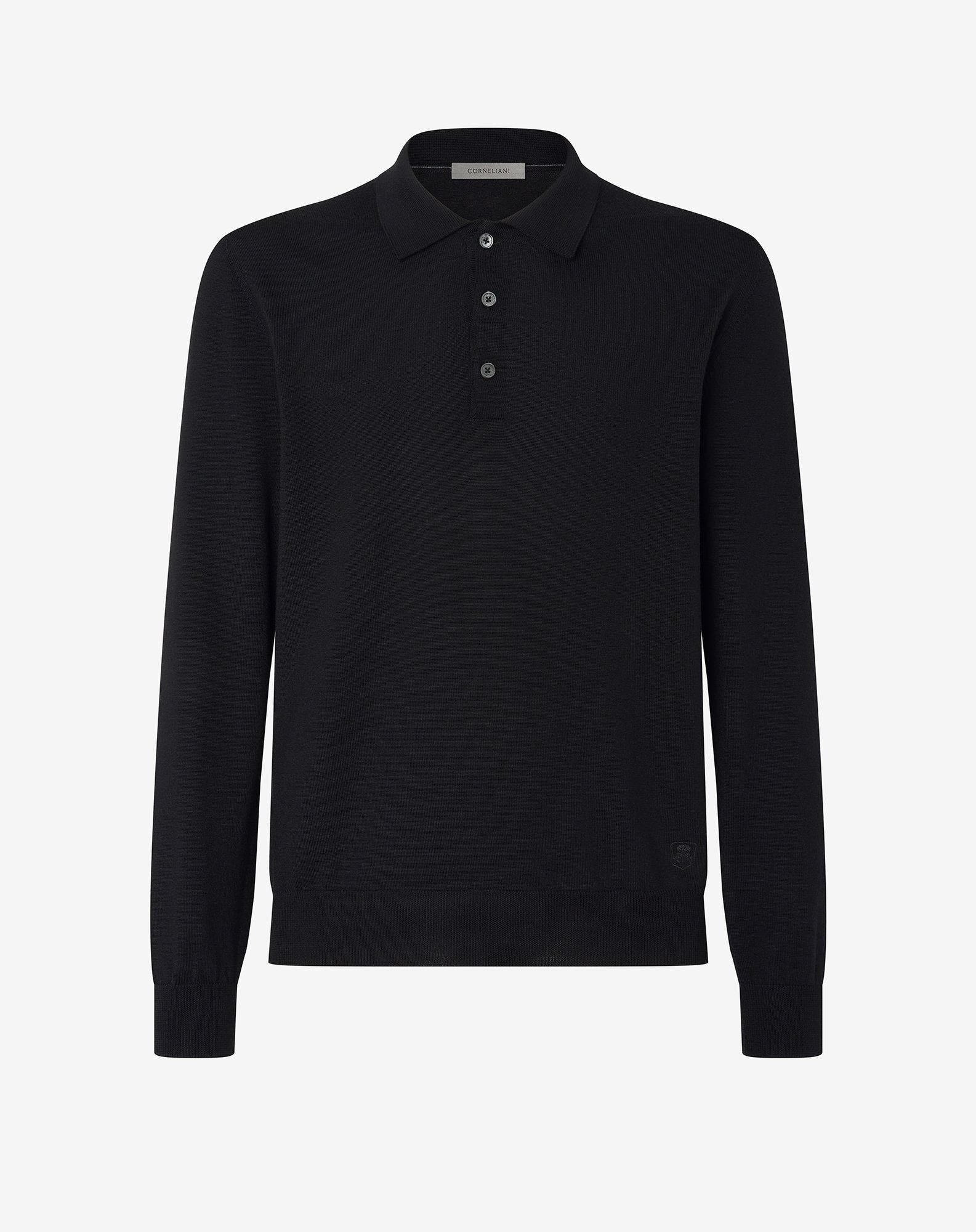 Polo con bottoni nera in lana merino extrafine