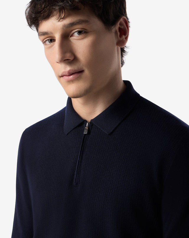 Polo con zip blu navy in lana merino