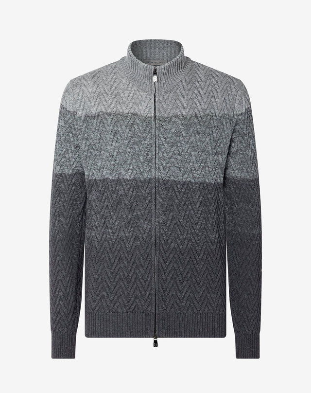 Sweater full zip in lana merino sfumata toni del grigio