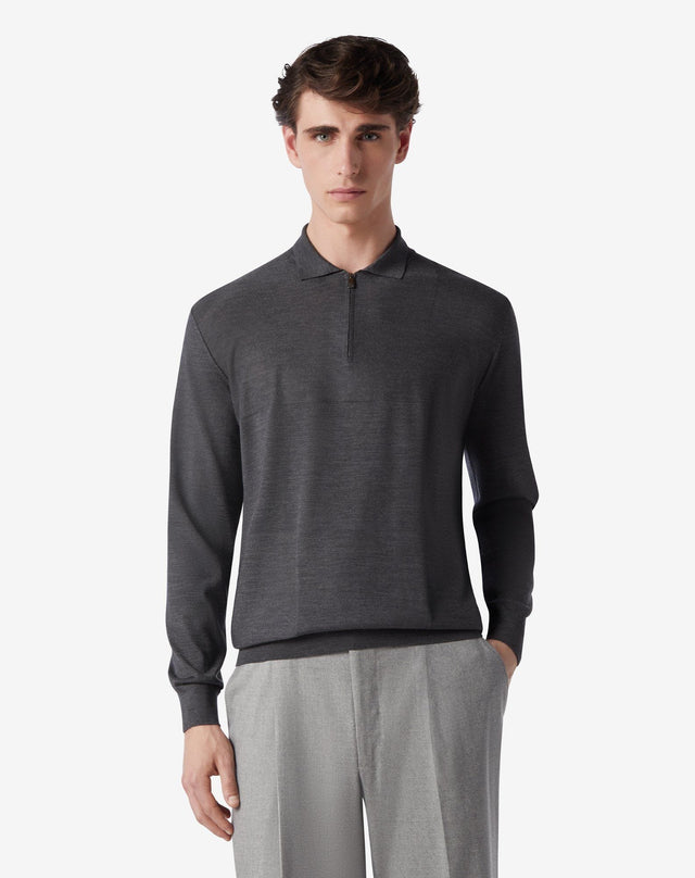 Polo con zip grigio scuro melange in lana merino extrafine