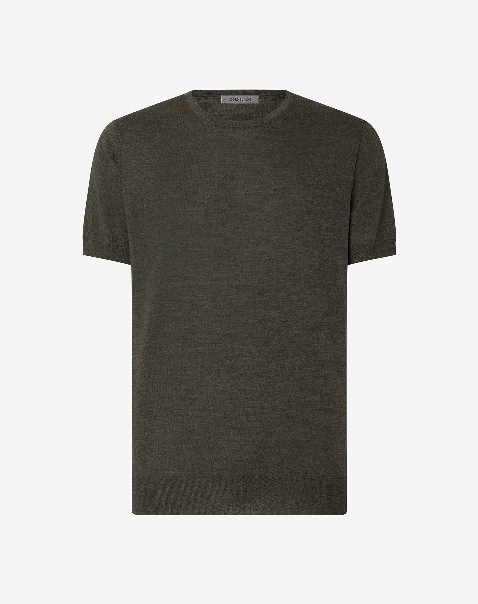 Sweater girocollo verde militare melange in lana ultrafine
