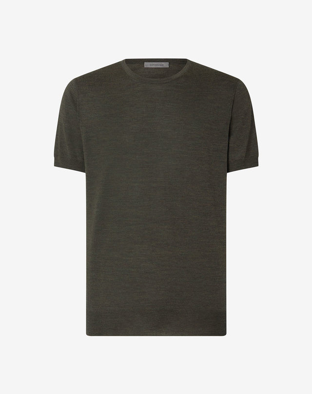 Sweater girocollo verde militare melange in lana ultrafine