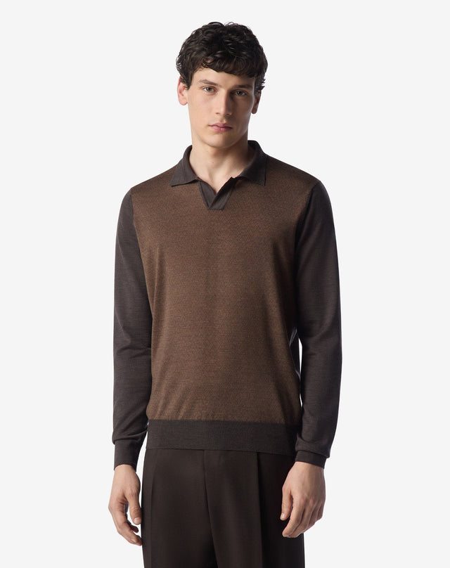 Polo Tabacco In Lana Merino Extrafine Jacquard