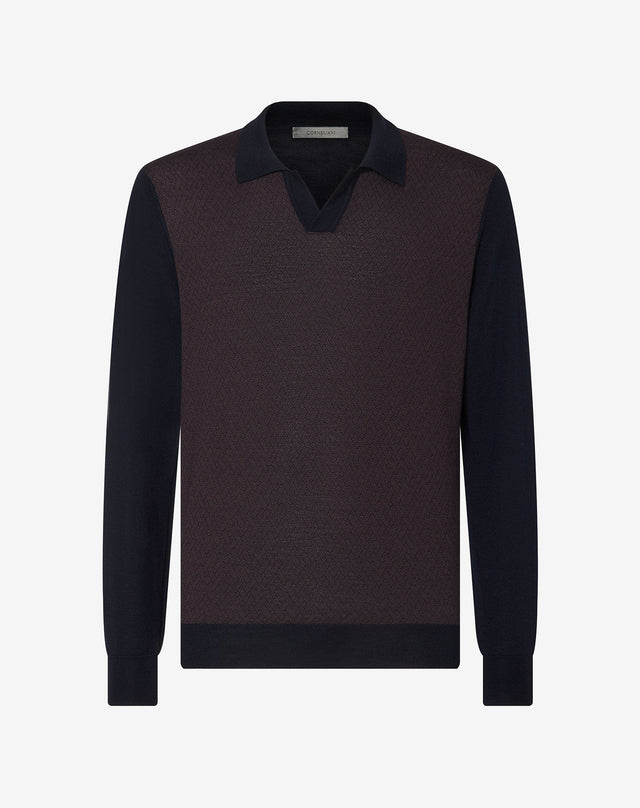 Polo blu/viola in lana merino extrafine jacquard