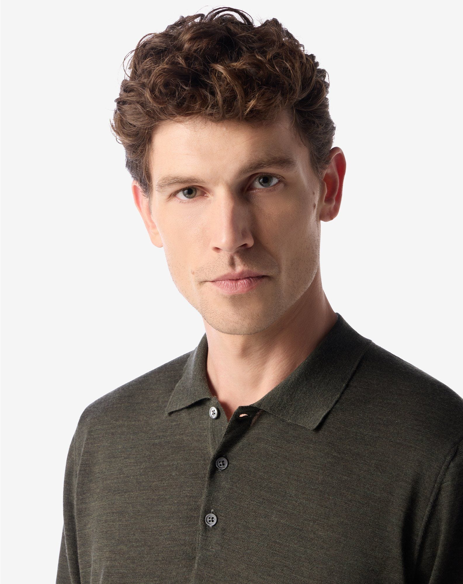 Polo Con Bottoni Militare Melange In Lana Ultrafine