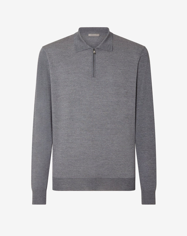Polo con zip toni del grigio in lana jacquard extrafine