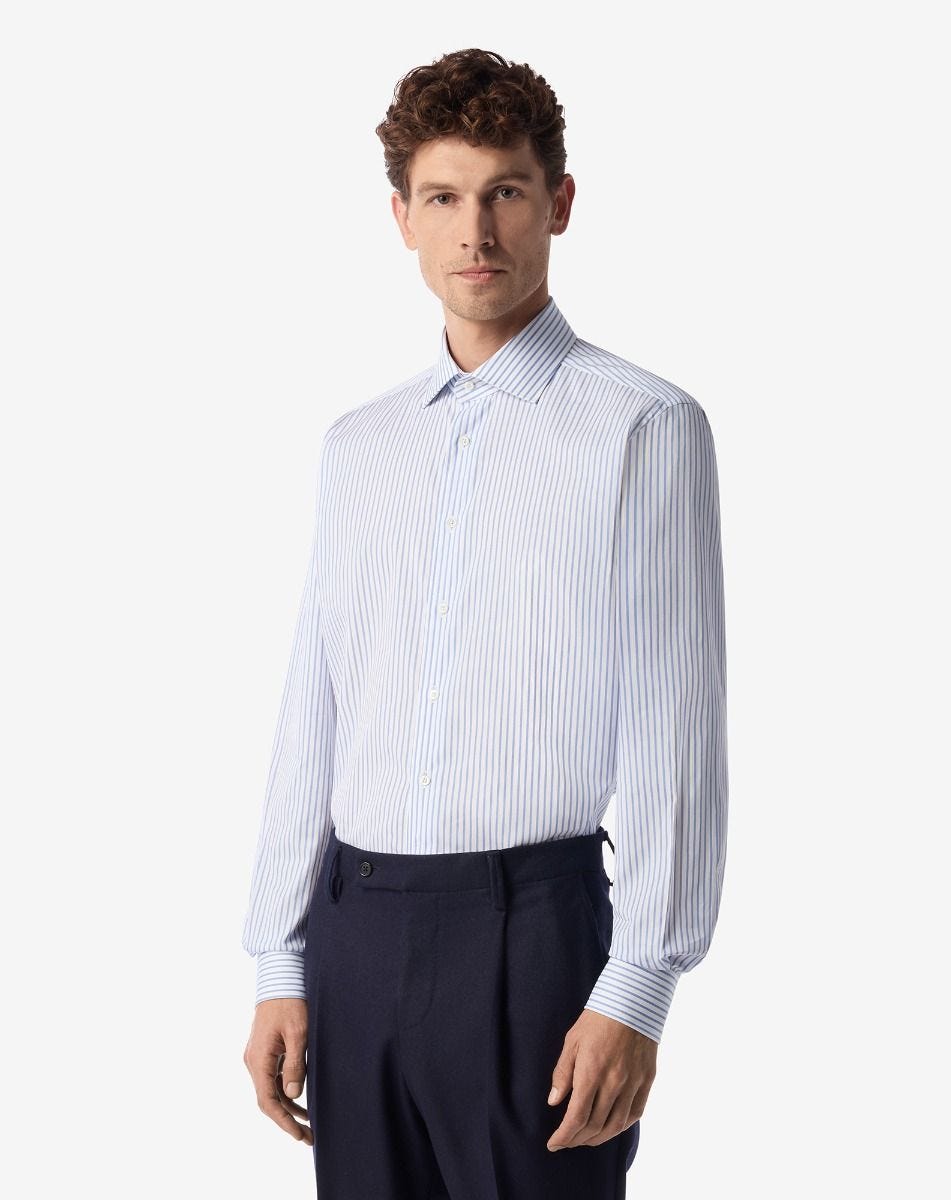 Shirt Bianca Con Righe Azzurre In Cotone