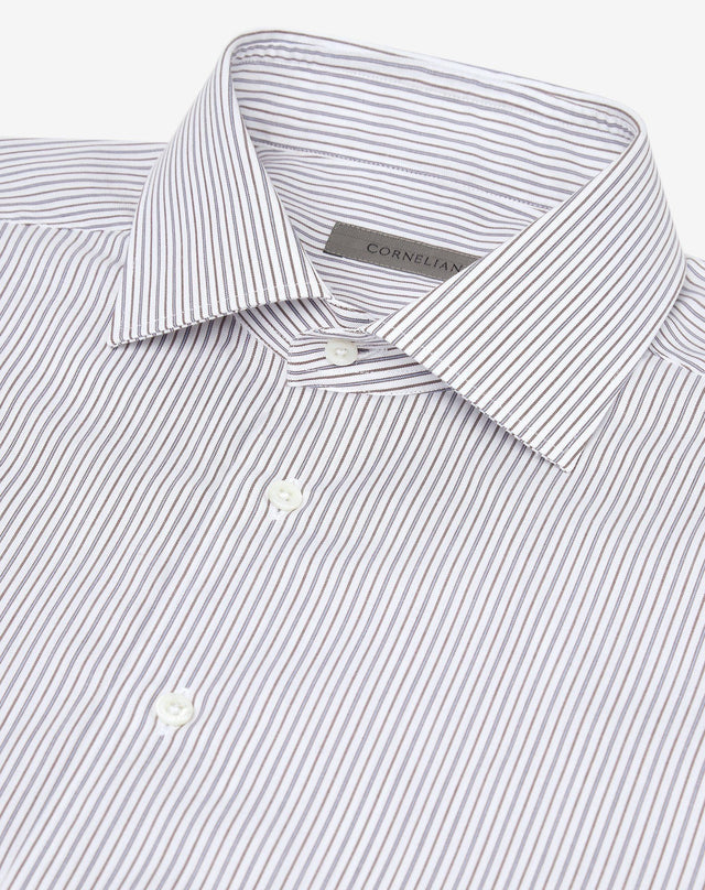 Shirt Bianca Con Riga Azzurra E Marrone In Cotone