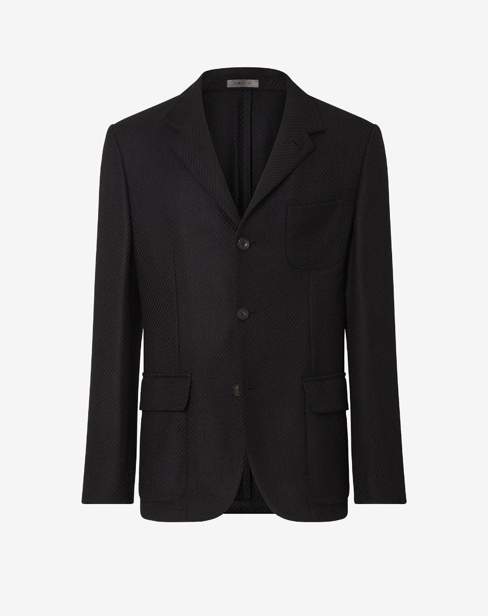 Jacket Nera In Lana Effetto Jersey