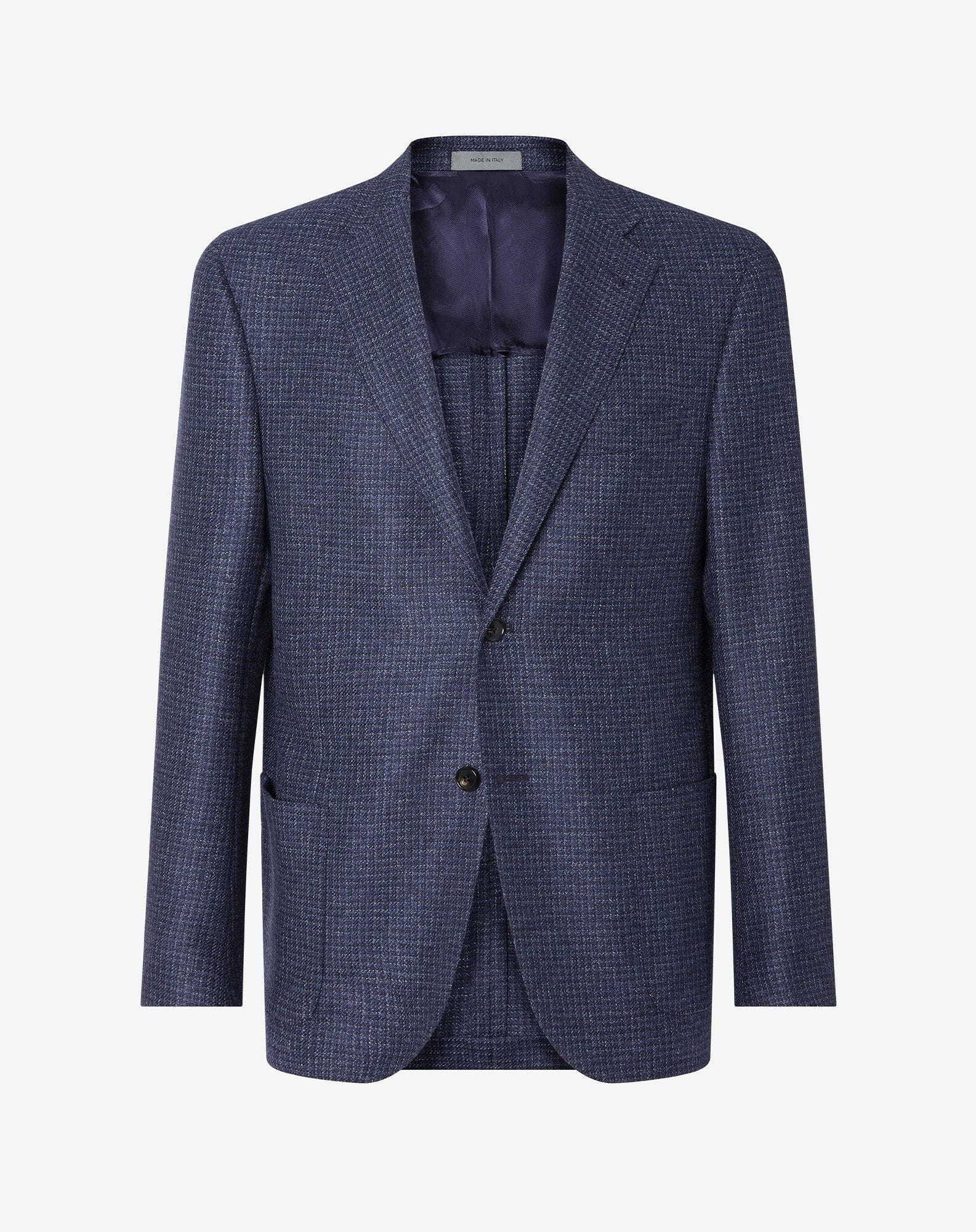 Jacket blu denim in pura lana microeffetto