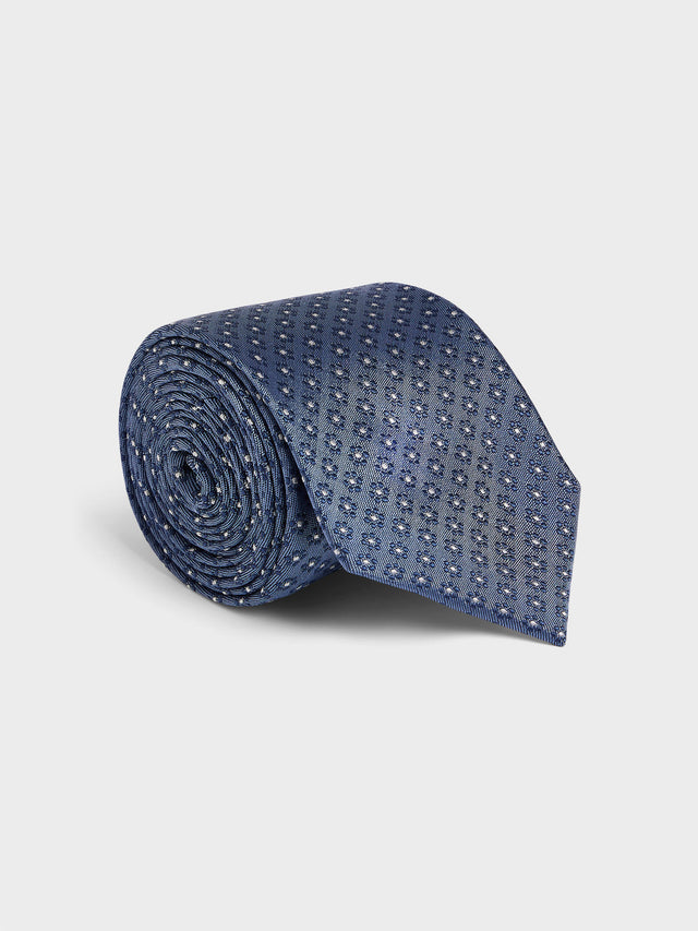 Cravate large en soie bleu chambray à motif