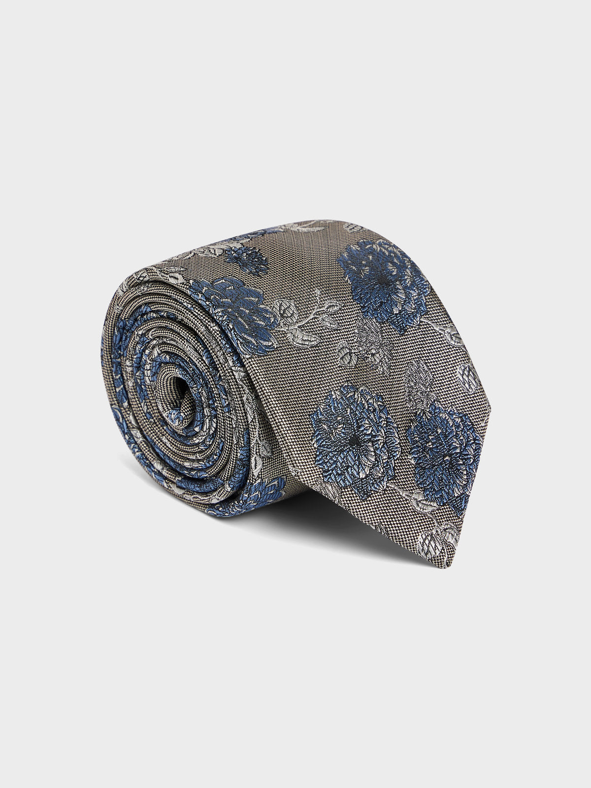 Cravate Large En Soie M Lang E Grise Motif Fleuri Bleu Azur