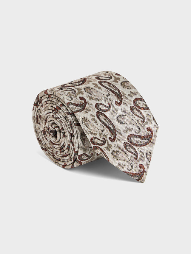 Cravate large en soie mélangée beige à motif cachemire