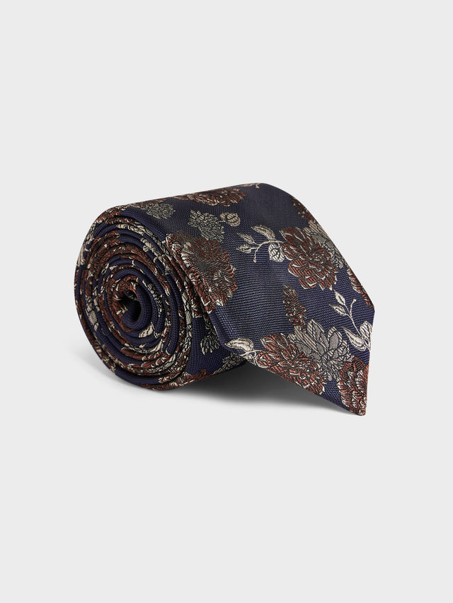 Cravate large en soie mélangée bleu indigo à motif fleuri