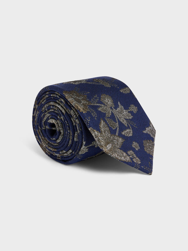 Cravate large en coton et soie bleu indigo à motif fleuri