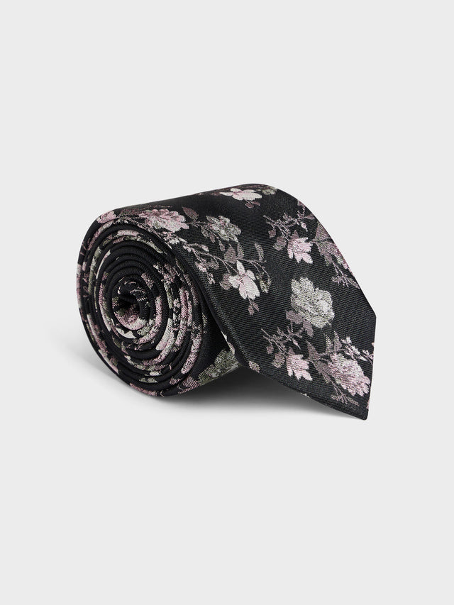 Cravate large en soie mélangée noire à motif fleuri