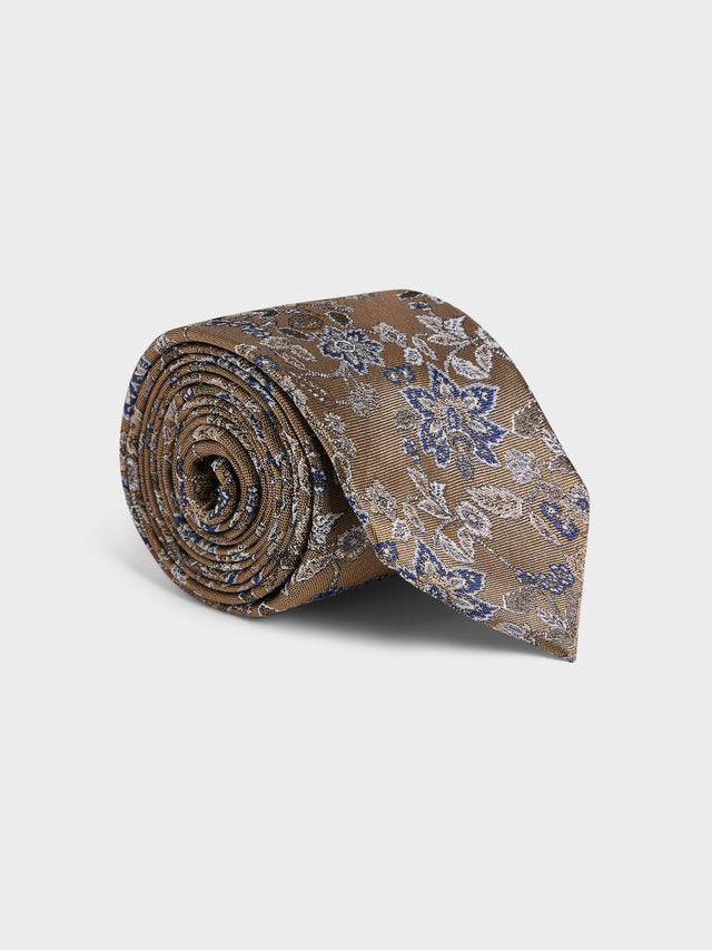 Cravate large en soie mélangée marron à motif fleuri