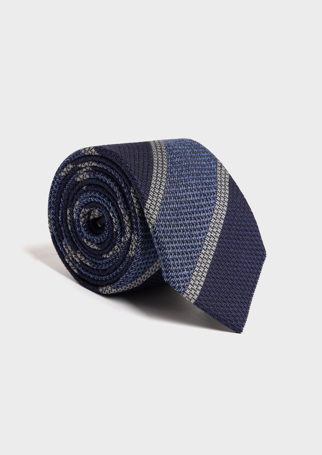 Cravate large en soie mélangée bleu indigo à rayures grises