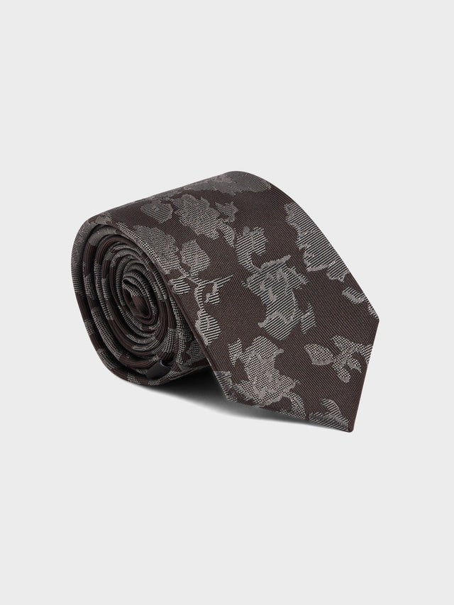 Cravate large en soie marron à motif blanc