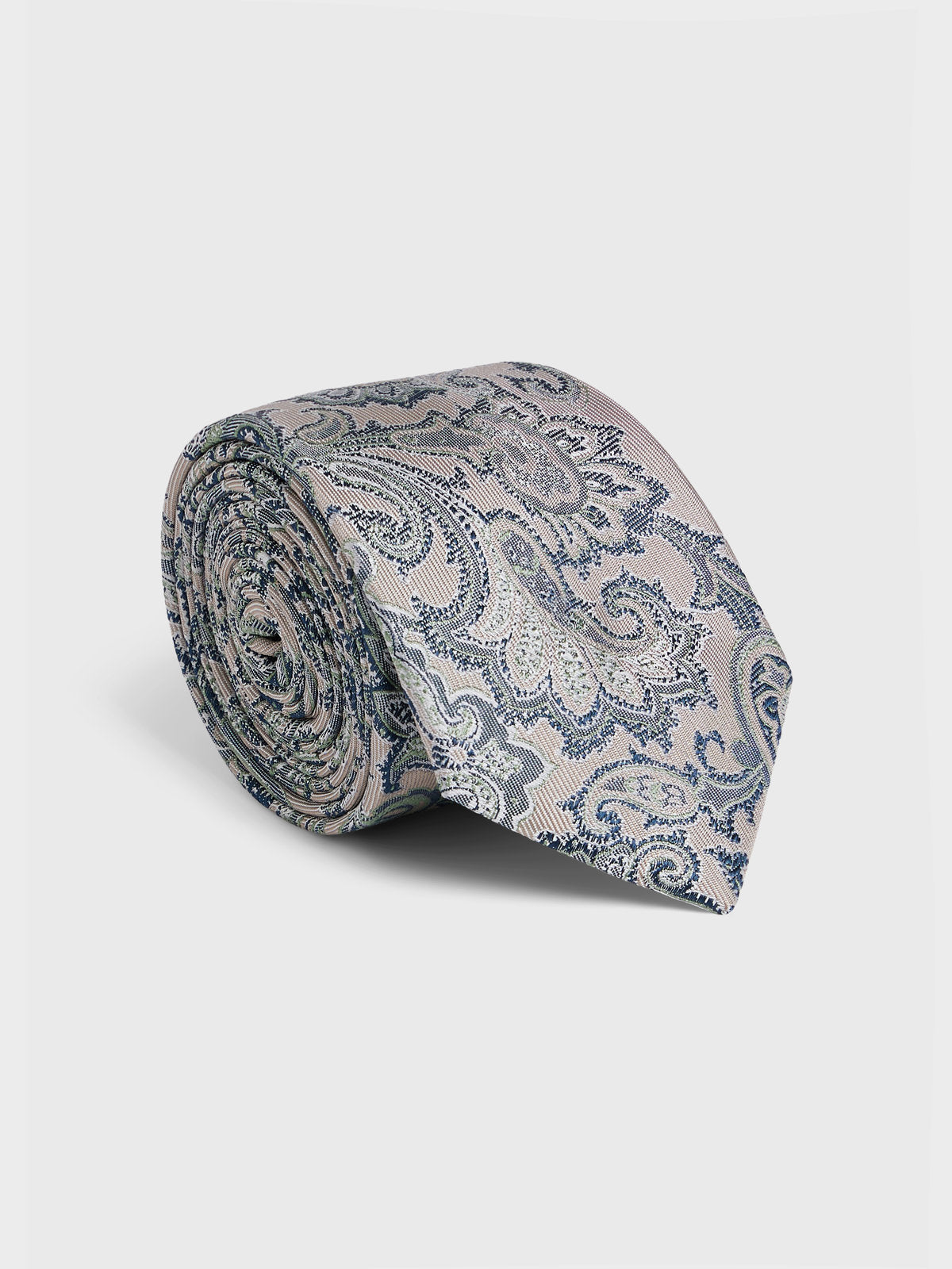 Cravate Large En Soie Beige Motif Fleuri Bleu