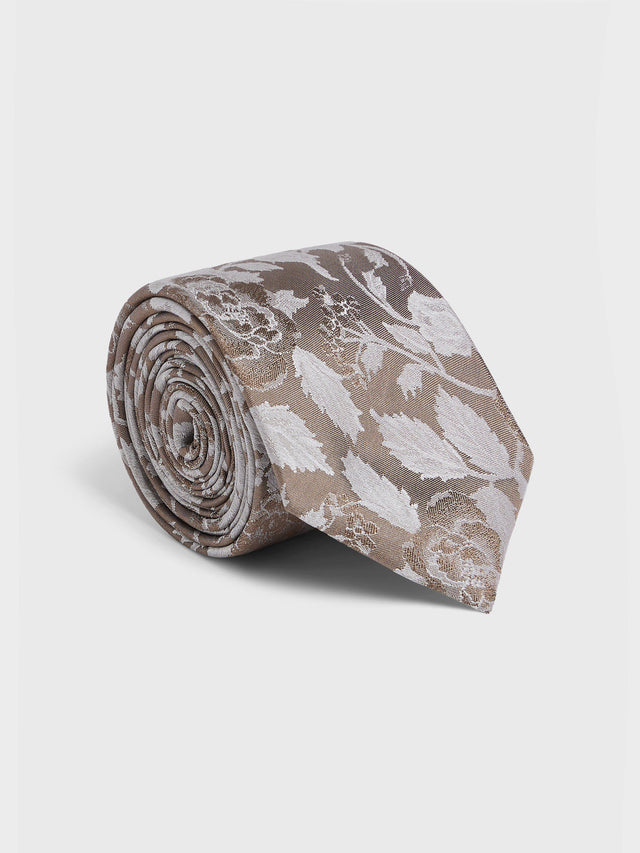 Cravate large en soie beige foncé à motif fleuri