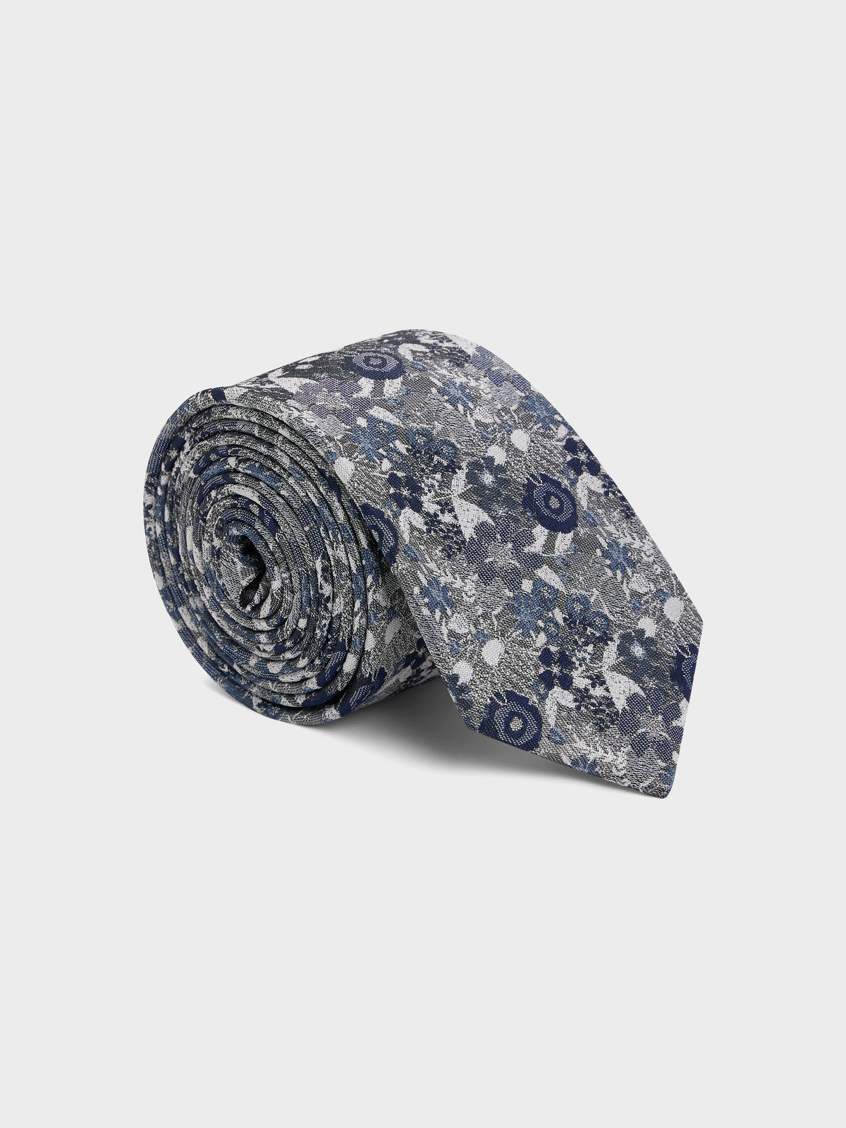 Cravate Large En Soie M Lang E Grise Motif Fleuri Bleu