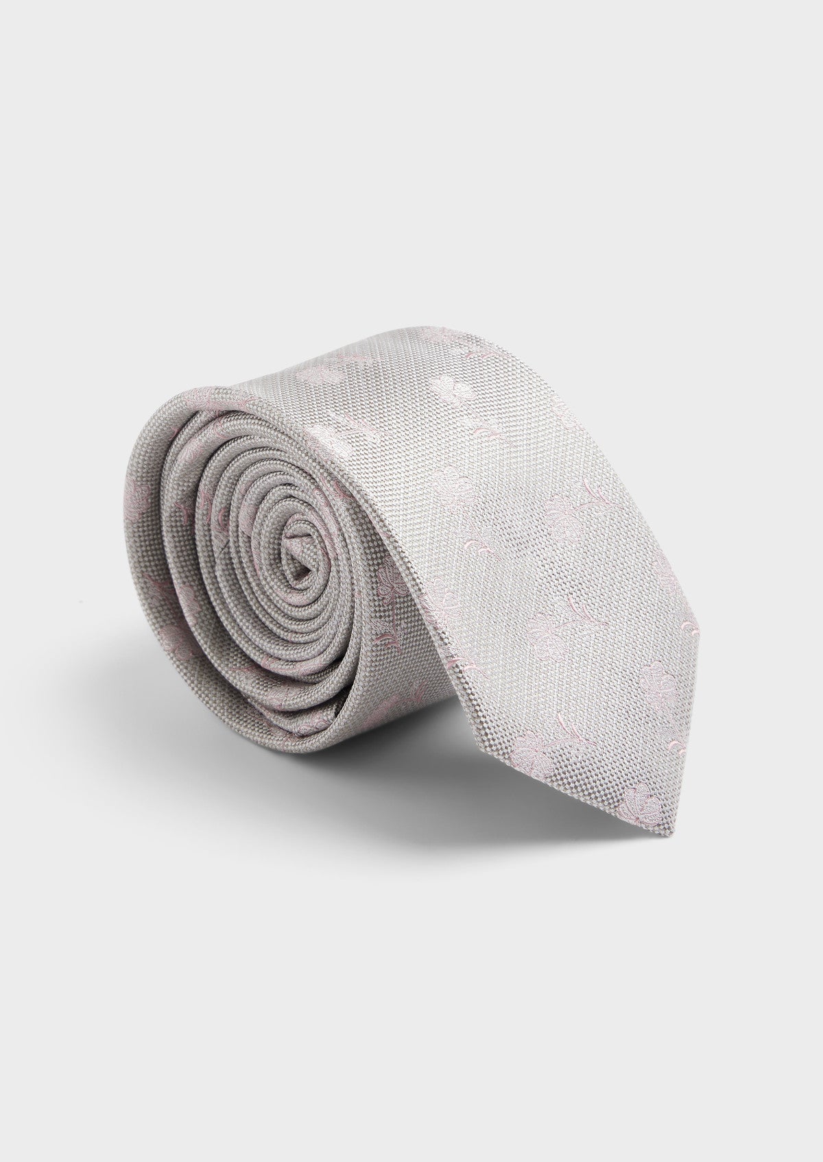Cravate Large En Soie Gris Perle Motif Fleuri Rose
