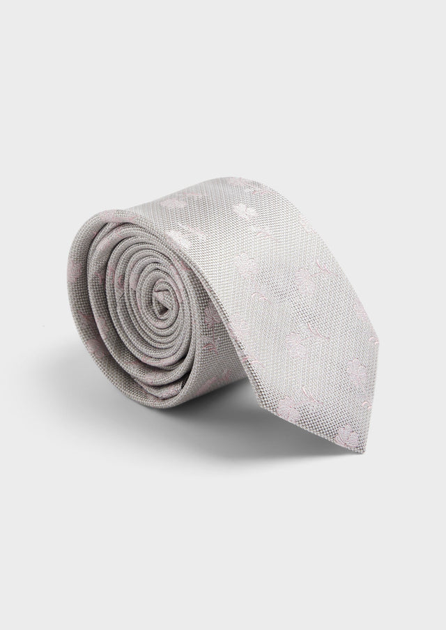 Cravate large en soie gris perle à motif fleuri rose