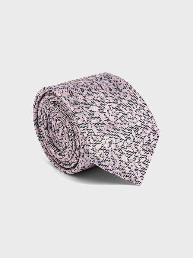 Cravate large en soie noir et blanc à motif fleuri rose